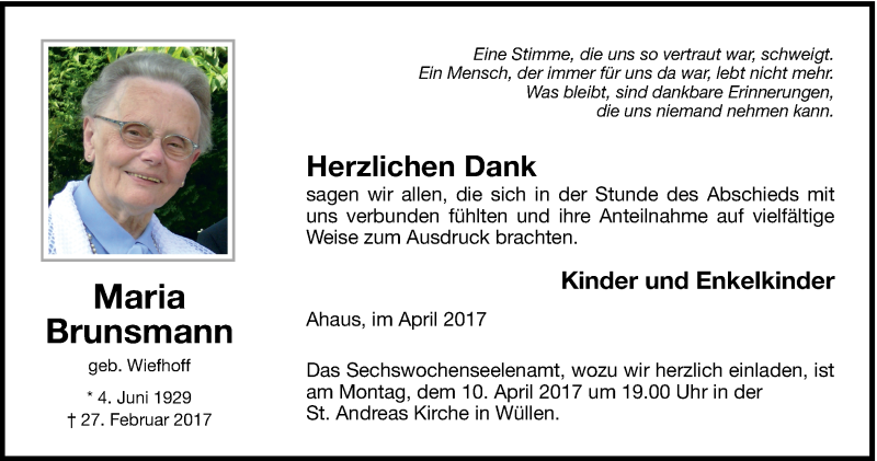  Traueranzeige für Maria Brunsmann vom 08.04.2017 aus Münstersche Zeitung und Münsterland Zeitung