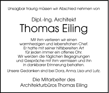 Traueranzeige von Thomas Eiling von Münstersche Zeitung und Münsterland Zeitung