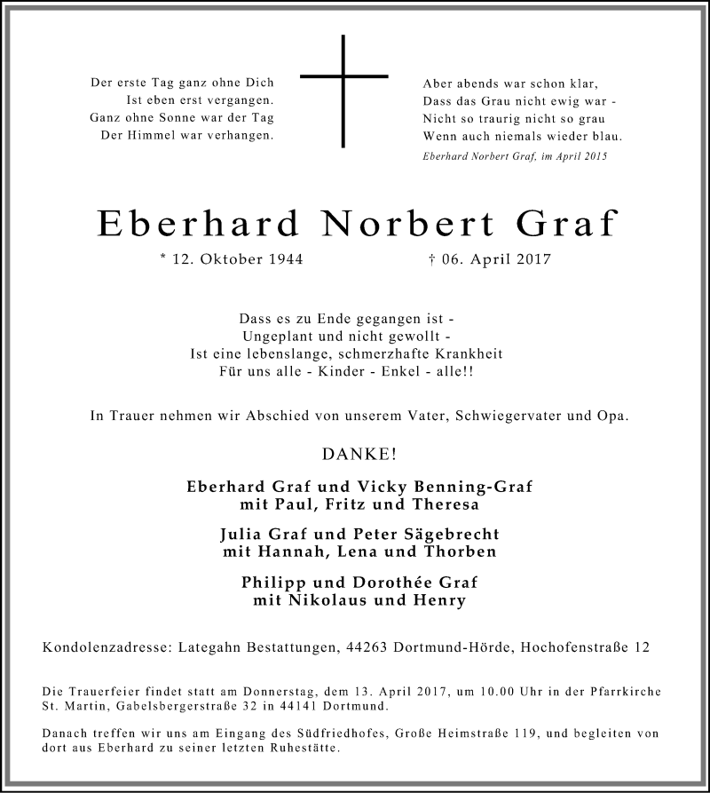  Traueranzeige für Eberhard Norbert Graf vom 11.04.2017 aus Ruhr Nachrichten