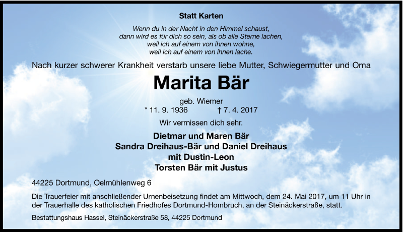  Traueranzeige für Marita Bär vom 29.04.2017 aus Ruhr Nachrichten