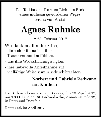 Traueranzeige von Agnes Ruhnke von Ruhr Nachrichten