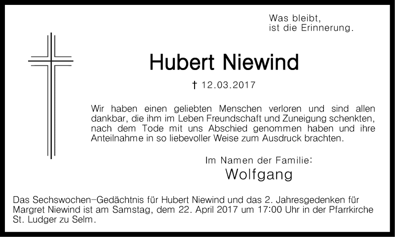  Traueranzeige für Hubert Niewind vom 15.04.2017 aus Ruhr Nachrichten
