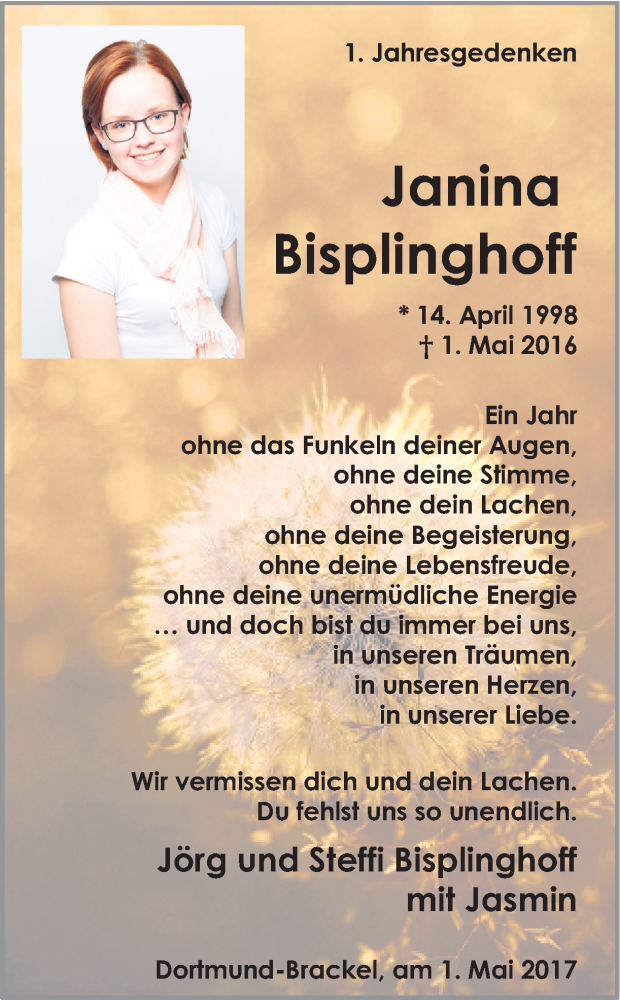  Traueranzeige für Janina Bisplinghoff vom 29.04.2017 aus Ruhr Nachrichten
