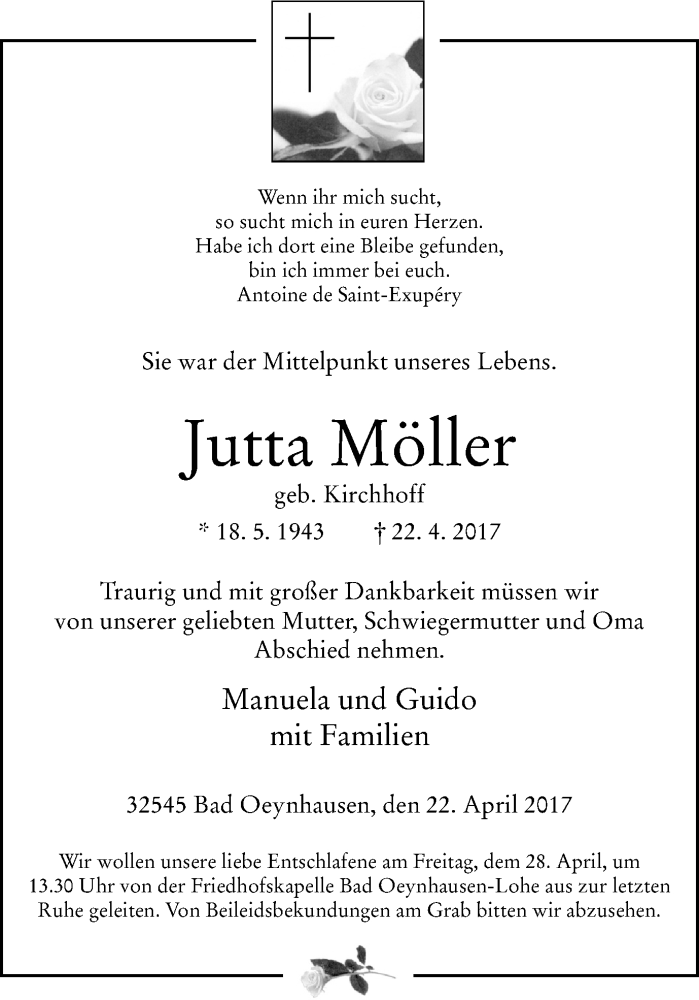  Traueranzeige für Jutta Möller vom 25.04.2017 aus Ruhr Nachrichten