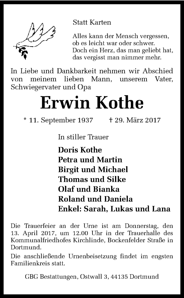 Traueranzeige für Erwin Kothe vom 08.04.2017 aus Ruhr Nachrichten