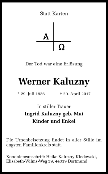Traueranzeige von Werner Kaluzny von Ruhr Nachrichten