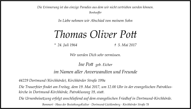  Traueranzeige für Thomas Oliver Pott vom 13.05.2017 aus Ruhr Nachrichten