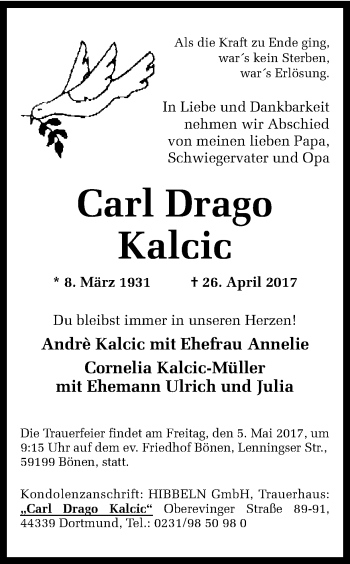 Traueranzeige von Carl Drago Kalcic von Ruhr Nachrichten
