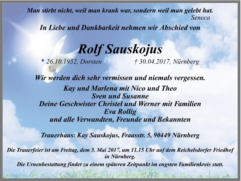  Traueranzeige für Rolf Sauskojus vom 03.05.2017 aus Ruhr Nachrichten und Dorstener Zeitung