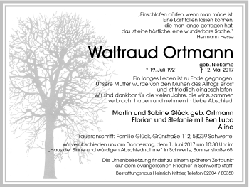 Traueranzeige von Waltraud Ortmann von Ruhr Nachrichten