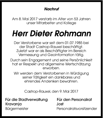 Traueranzeige von Dieter Rohmann von Ruhr Nachrichten