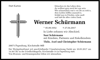 Traueranzeige von Werner Schürmann von Ruhr Nachrichten