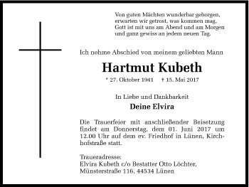 Traueranzeige von Hartmut Kubeth von Ruhr Nachrichten