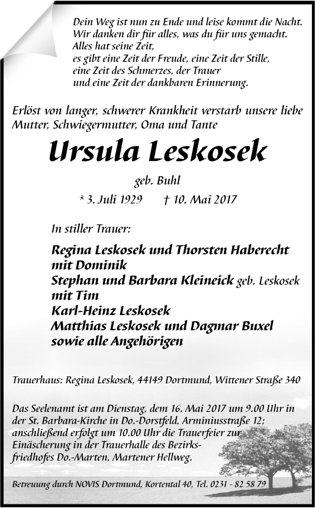  Traueranzeige für Ursula Leskosek vom 12.05.2017 aus Ruhr Nachrichten