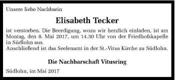 Traueranzeige von Elisabeth Tecker von Münstersche Zeitung und Münsterland Zeitung