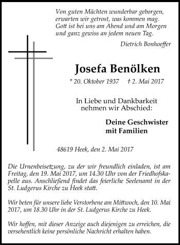 Traueranzeige von Josefa Benölken von Münstersche Zeitung und Münsterland Zeitung