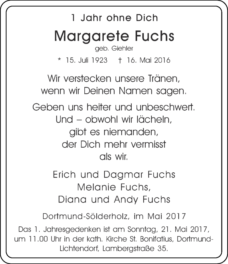  Traueranzeige für Margarete Fuchs vom 20.05.2017 aus Ruhr Nachrichten