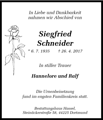 Traueranzeige von Siegfried Schneider von Ruhr Nachrichten
