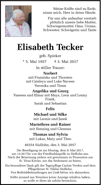 Traueranzeige von Elisabeth Tecker von Münstersche Zeitung und Münsterland Zeitung