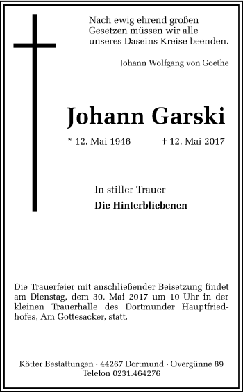 Traueranzeige von Johann Garski von Ruhr Nachrichten