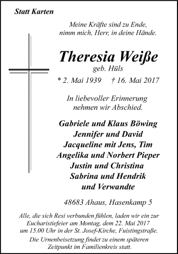 Traueranzeige von Theresia Weiße von Münstersche Zeitung und Münsterland Zeitung