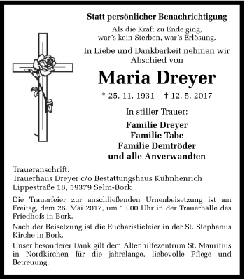 Traueranzeige von Maria Dreyer von Ruhr Nachrichten