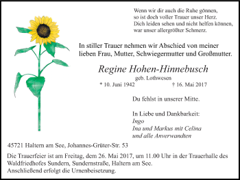 Traueranzeige von Regine Hohen-Hinnebusch von Ruhr Nachrichten und Halterner Zeitung