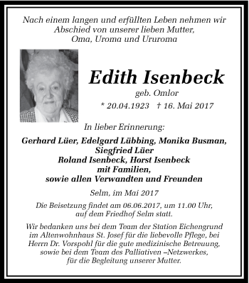 Traueranzeige von Edith Isenbeck von Ruhr Nachrichten