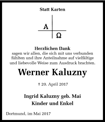 Traueranzeige von Werner Kaluzny von Ruhr Nachrichten