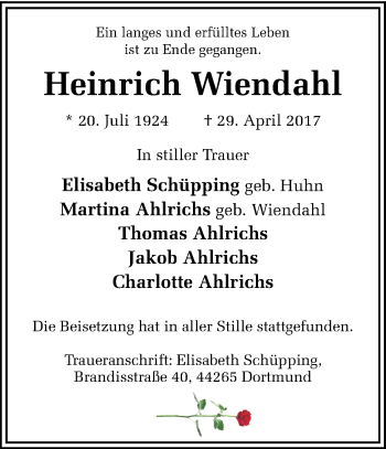Traueranzeige von Heinrich Wiendahl von Ruhr Nachrichten