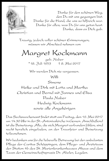 Traueranzeige von Margret Kockmann von Münstersche Zeitung und Münsterland Zeitung