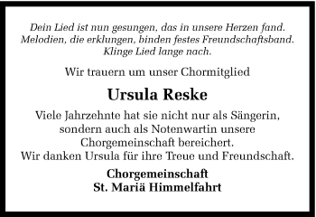 Traueranzeige von Ursula Reske von Münstersche Zeitung und Münsterland Zeitung