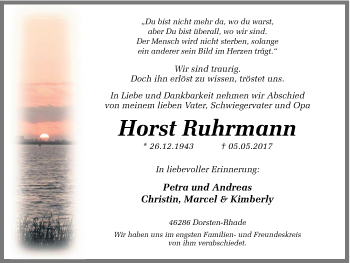 Traueranzeige von Horst Ruhrmann von Ruhr Nachrichten und Dorstener Zeitung