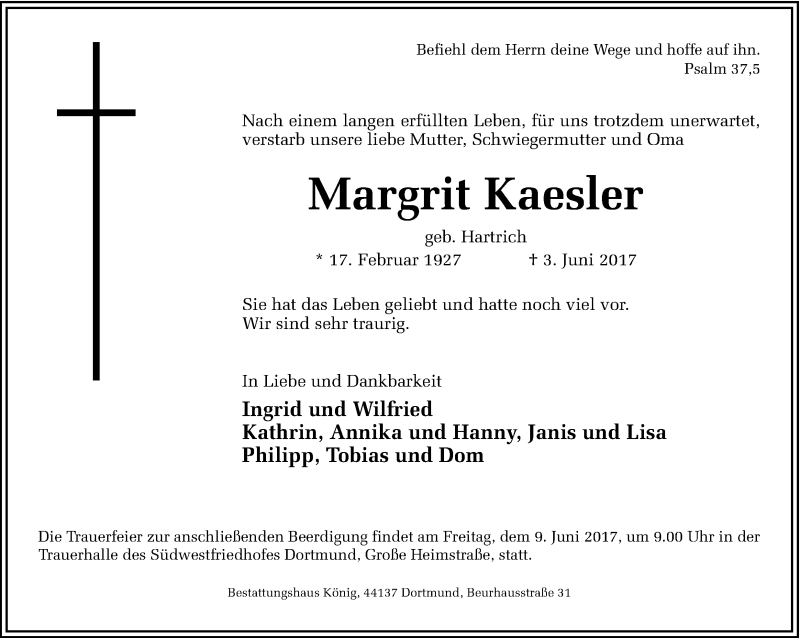  Traueranzeige für Margrit Kaesler vom 07.06.2017 aus Ruhr Nachrichten