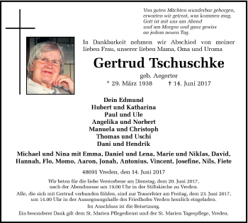 Traueranzeige von Gertrud Tschuschke von Münstersche Zeitung und Münsterland Zeitung