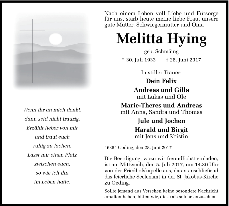  Traueranzeige für Melitta Hying vom 30.06.2017 aus Münstersche Zeitung und Münsterland Zeitung