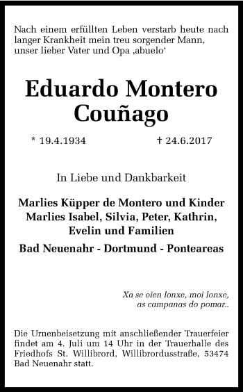 Traueranzeige von Eduardo Montero Counago von Ruhr Nachrichten