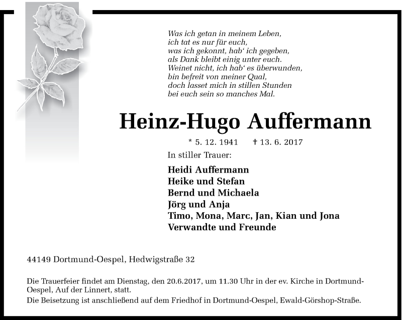  Traueranzeige für Heinz-Hugo Auffermann vom 17.06.2017 aus Ruhr Nachrichten