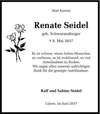 Traueranzeige von Renate Seidel von Ruhr Nachrichten
