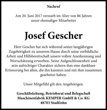 Traueranzeige von Josef Gescher von Münstersche Zeitung und Münsterland Zeitung