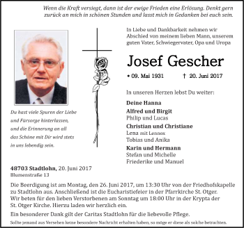 Traueranzeige von Josef Gescher von Münstersche Zeitung und Münsterland Zeitung