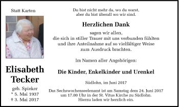 Traueranzeige von Elisabeth Tecker von Münstersche Zeitung und Münsterland Zeitung