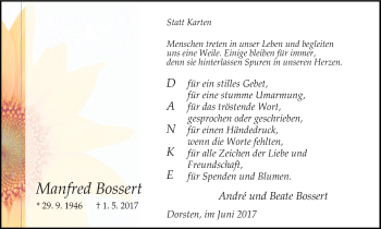 Traueranzeige von Manfred Bossert von Ruhr Nachrichten und Dorstener Zeitung