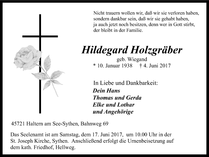  Traueranzeige für Hildegard Holzgräber vom 09.06.2017 aus Ruhr Nachrichten und Halterner Zeitung