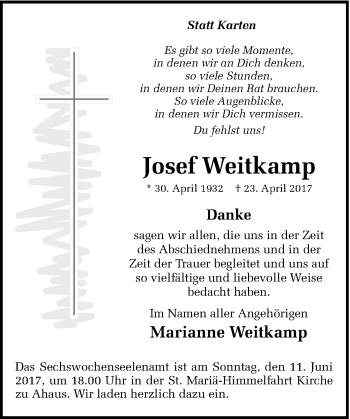 Traueranzeige von Josef Weitkamp von Münstersche Zeitung und Münsterland Zeitung