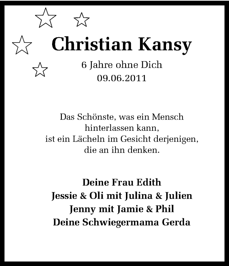  Traueranzeige für Christian Kansy vom 09.06.2017 aus Ruhr Nachrichten