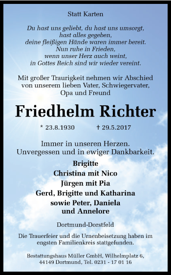 Traueranzeige von Friedhelm Richter von Ruhr Nachrichten