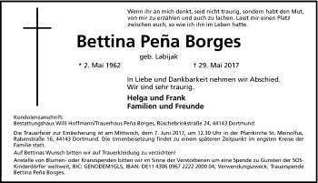 Traueranzeige von Bettina  Pena Borges von Ruhr Nachrichten