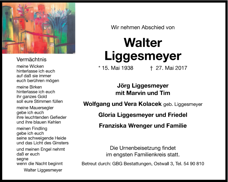  Traueranzeige für Walter Liggesmeyer vom 03.06.2017 aus Ruhr Nachrichten