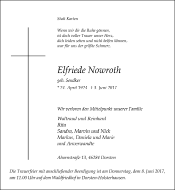 Traueranzeige von Elfriede Nowroth von Ruhr Nachrichten und Dorstener Zeitung